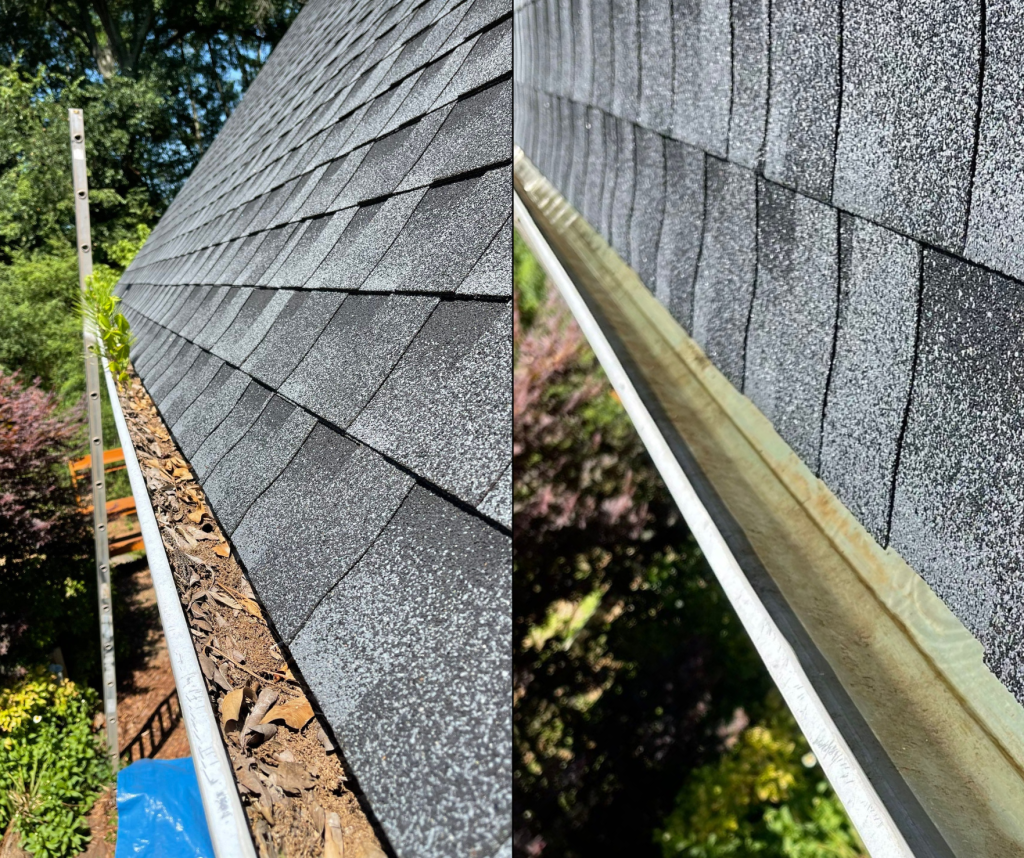Keeping gutters clear of debris is essential for effective drainage and overall roof health. The picture illustrates this by showing a clogged gutter on the left and a cleaned one on the right. A shingle roof inspection should always include checking gutters, as blockages can lead to water backup and potential leaks. Georgia Roof Advisors emphasizes that regular gutter maintenance prevents water from pooling on your roof, reducing the risk of damage to your shingles and the underlying structure. Ensure your home is protected by scheduling a thorough shingle roof inspection today, and keep those gutters clear to maintain your roof’s integrity!